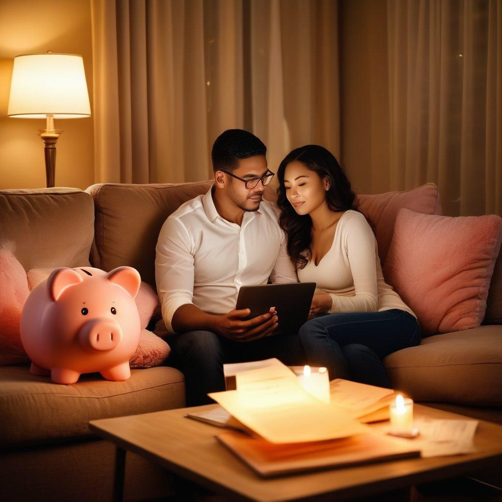 An intimate scene showing a couple sitting together with a laptop, surrounded by soft candlelight and plush pillows, emphasizing trust and financial safety. The couple is engaged in a discussion, with financial documents and a heart-shaped piggy bank nearby, symbolizing a balance between love and money. The background features a cozy atmosphere with gentle lighting, enhancing the emotional connection. super-realistic. warm tones. soft focus.