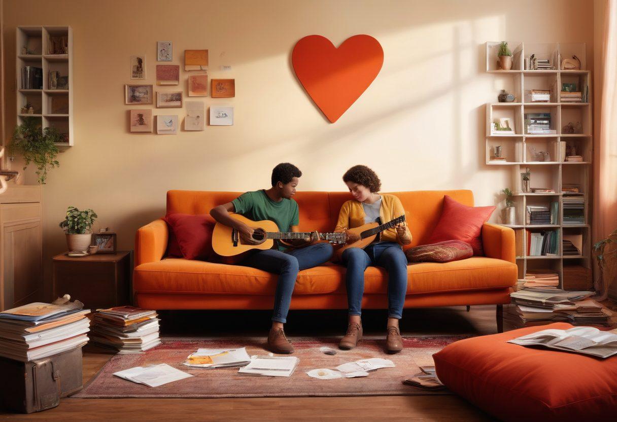 A warm, cozy scene of two people sitting together, surrounded by personal items that represent their passions, like a guitar, canvas, and books, with heart-shaped insurance documents subtly integrated into the background. The atmosphere conveys love and security, suggesting a partnership built on mutual support and protection. super-realistic. vibrant colors. soft lighting.