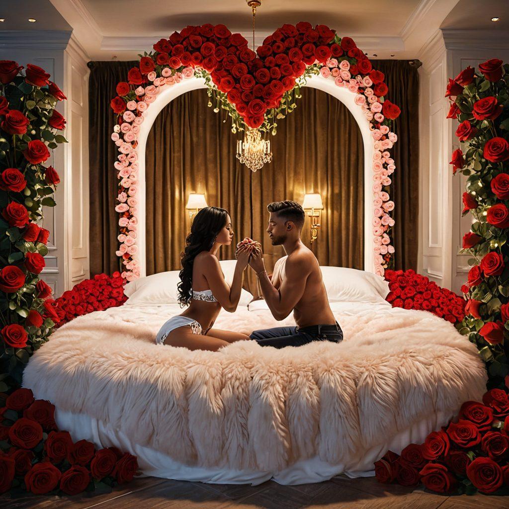 A romantic scene featuring a couple sharing a loving moment in an elegant adult entertainment setting. Surround them with symbols of financial security, like heart-shaped locks and dollar signs intertwined with roses. The ambiance should be warm, inviting, with soft lighting that enhances intimacy. Include a blend of luxurious and playful elements to reflect romance and practicality. super-realistic. vibrant colors. soft focus.